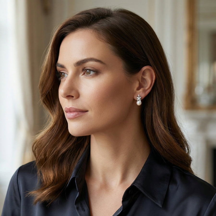 Pearl Crisscross Knot Drop Earrings – pearl earrings, close-up