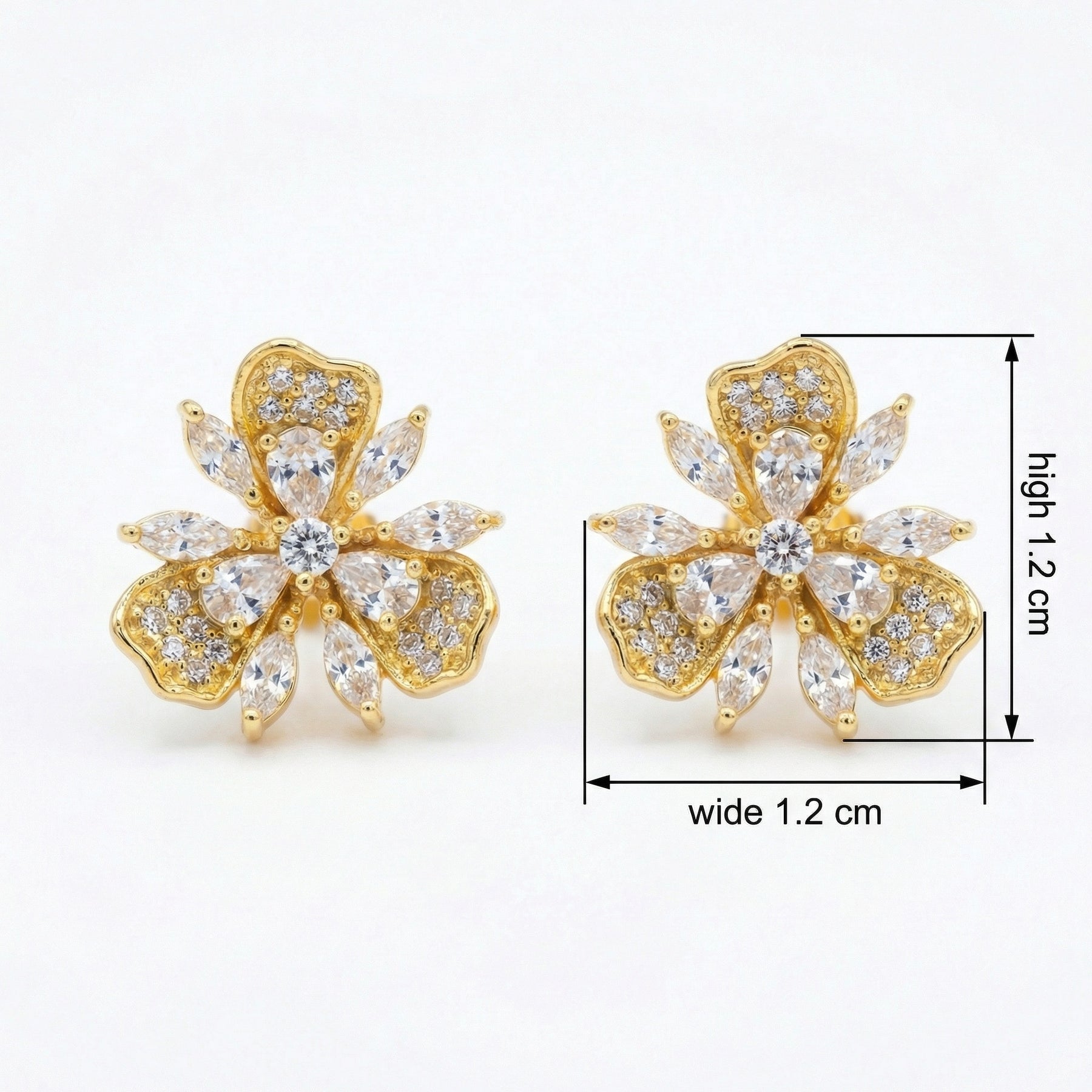 Triple-Petal Floral Stud Earrings – sterling silver earrings, close-up