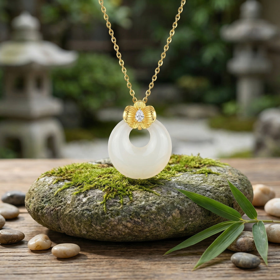 White Jade Pi Disc Pendant Necklace – jade necklace, side detail