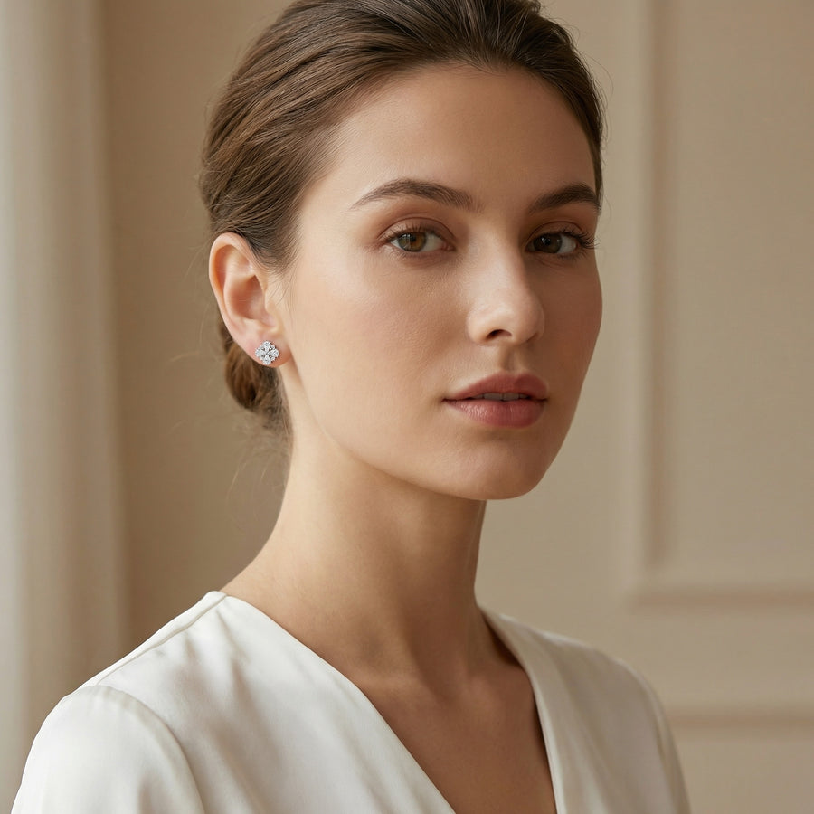 Pear and Round Floral Cluster Studs – sterling silver earrings, close-up