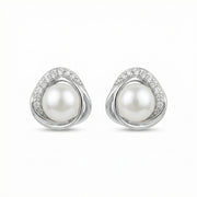 Pearl and CZ Swirl Stud Earrings – pearl earrings, side detail