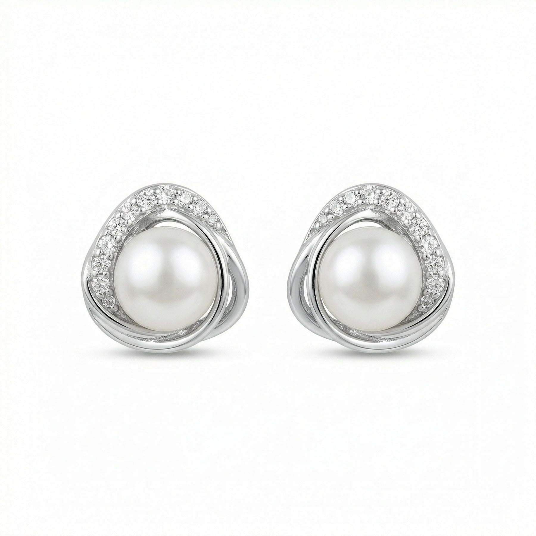 Pearl and CZ Swirl Stud Earrings – pearl earrings, side detail