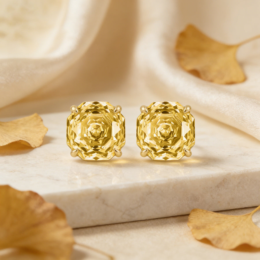 Radiant-Cut Canary Gemstone Studs – sterling silver earrings, side detail