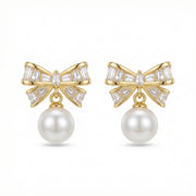 Crystal Bow and Pearl Dangle Earrings – pearl earrings, close-up