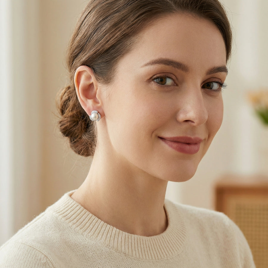 Pearl Cluster Floral Halo Studs – pearl earrings, close-up
