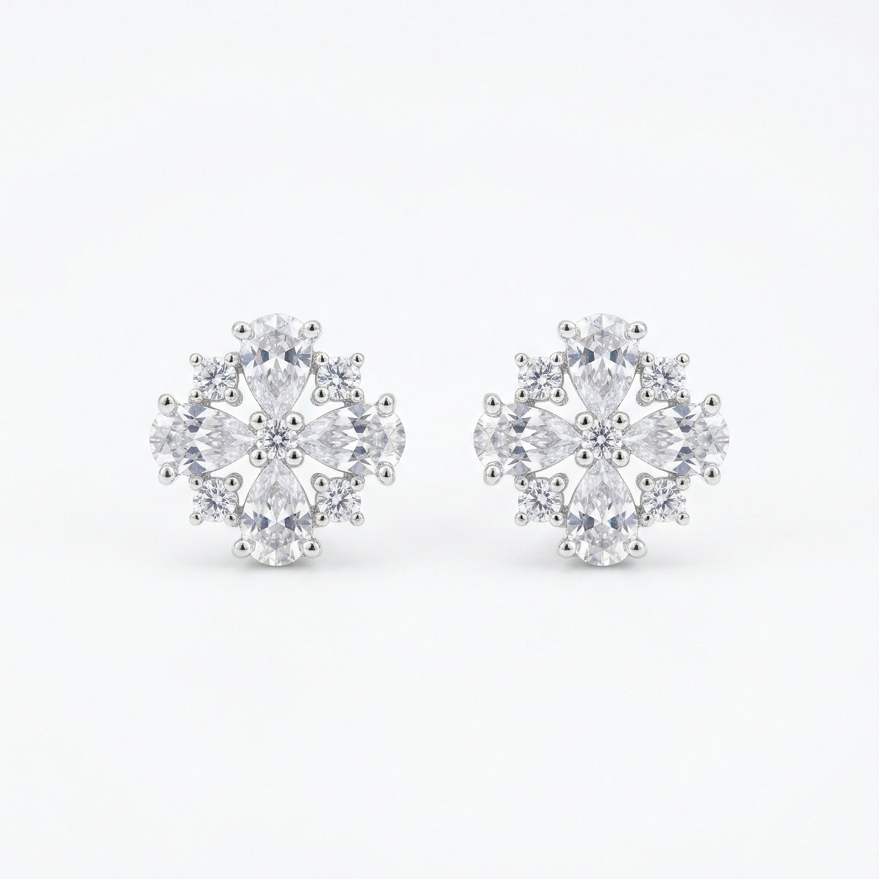 Pear and Round Floral Cluster Studs – sterling silver earrings, side detail