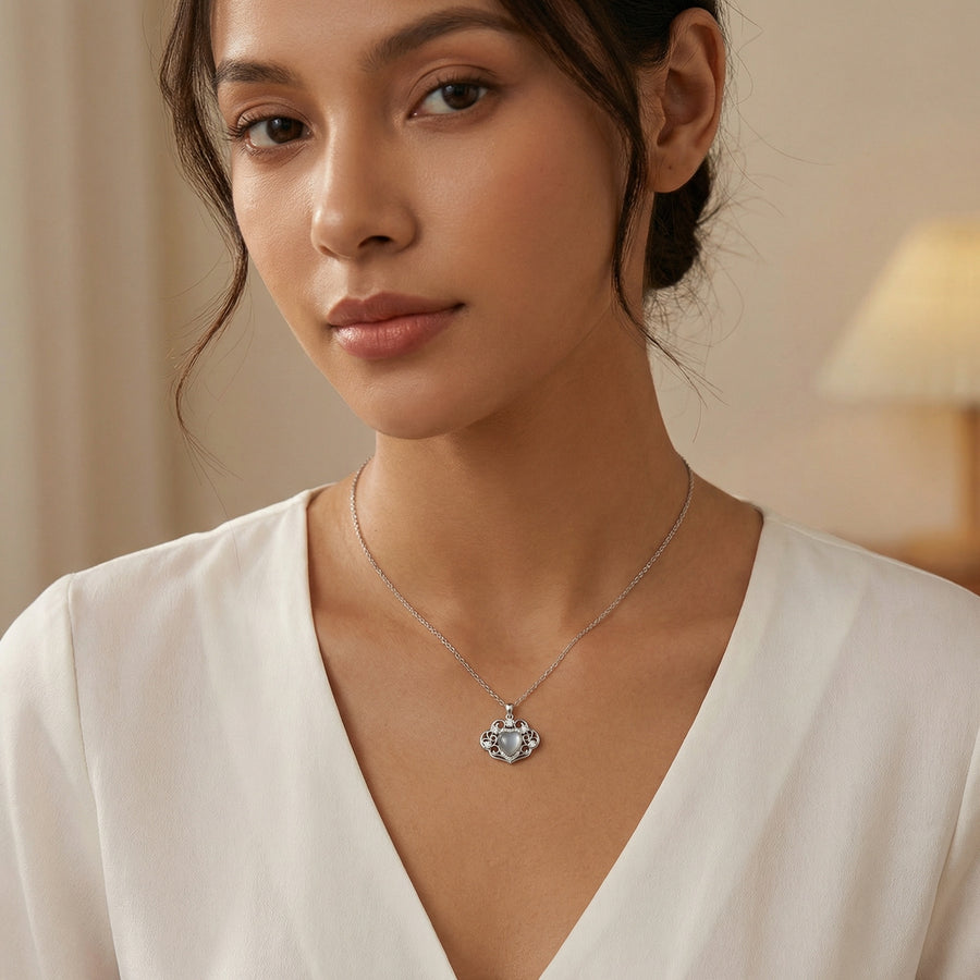 Ornate Heart Moonstone Necklace – sterling silver necklace, close-up