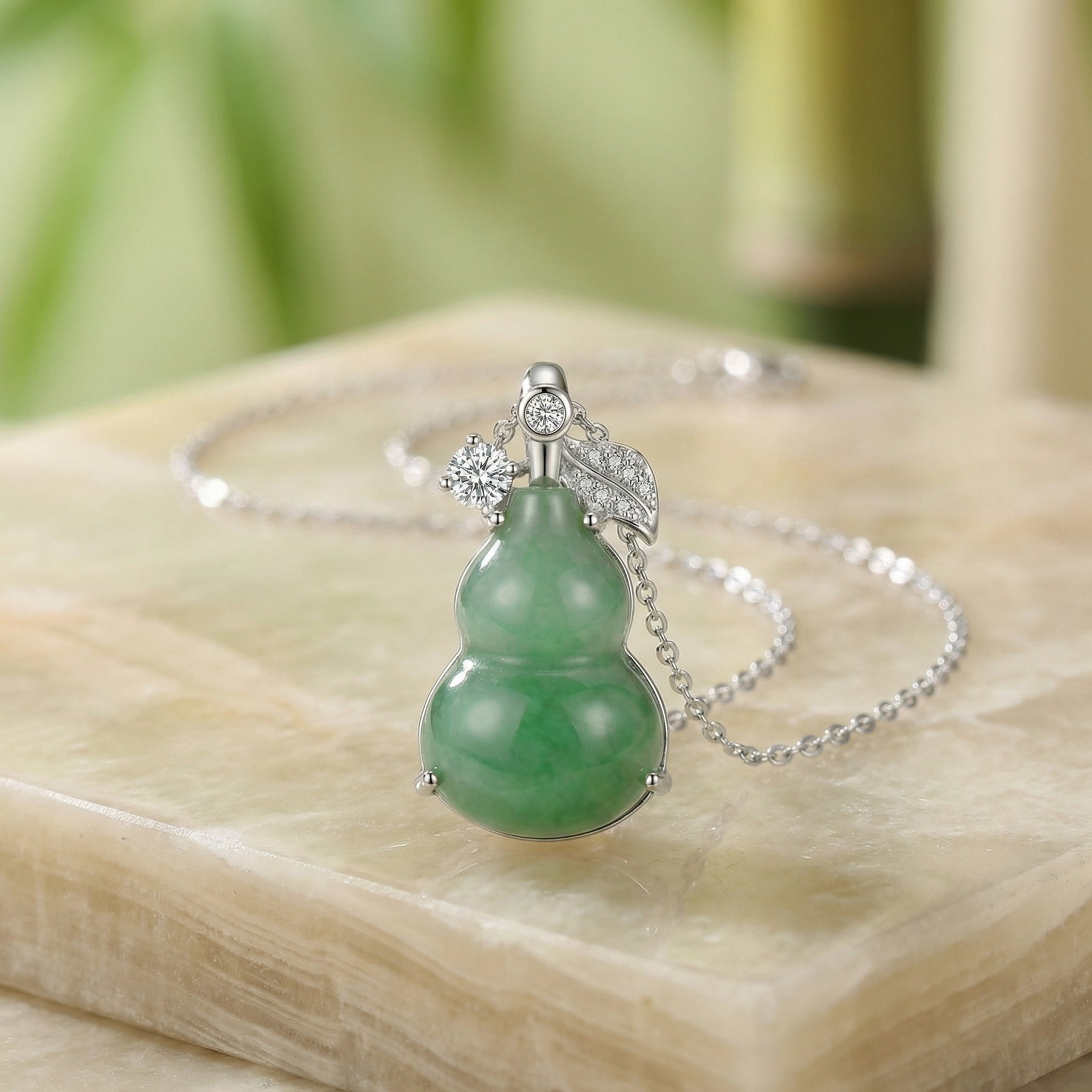Jadeite Hulu Gourd Necklace, CZ Accents – jade necklace, front view