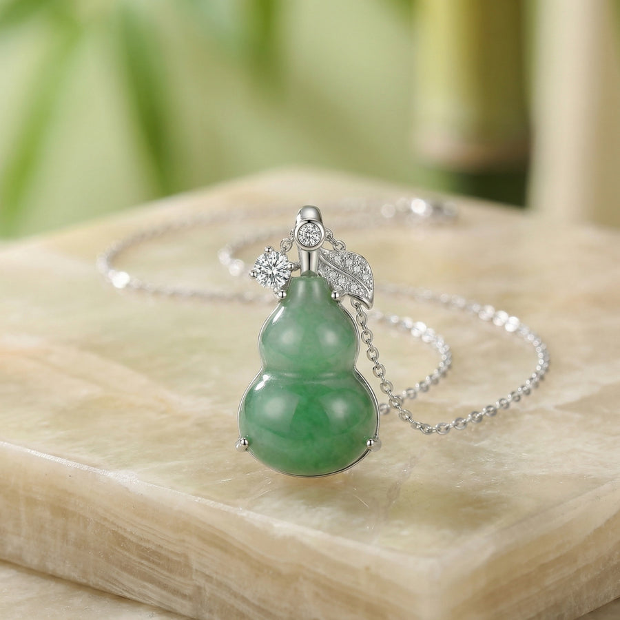 Jadeite Hulu Gourd Necklace, CZ Accents – jade necklace, front view