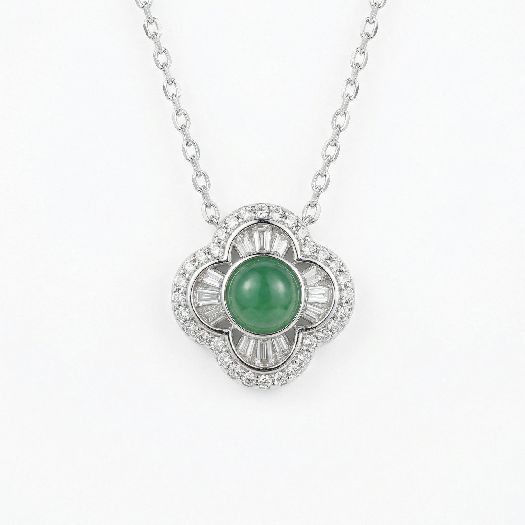 Quatrefoil Green Gemstone Necklace – jade necklace, close-up