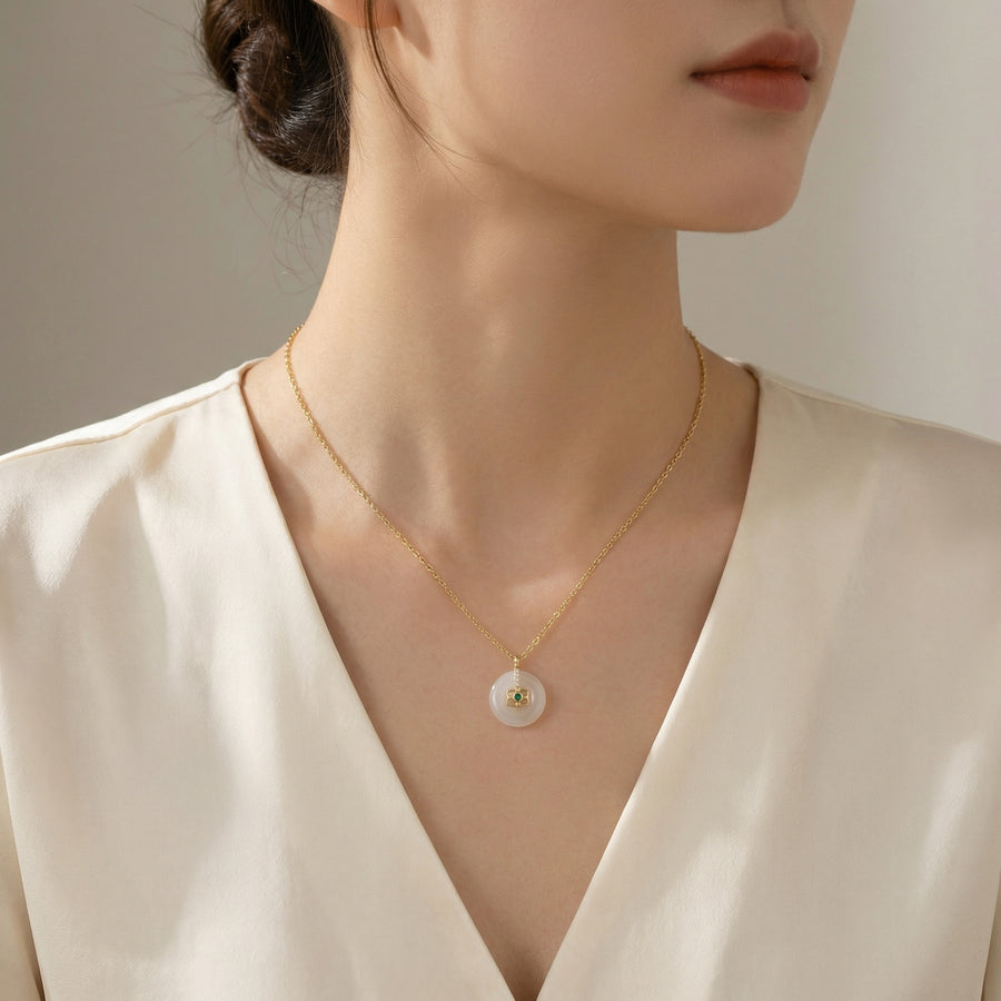 White Jade Circle Necklace, Green stone Accent – jade necklace, front view