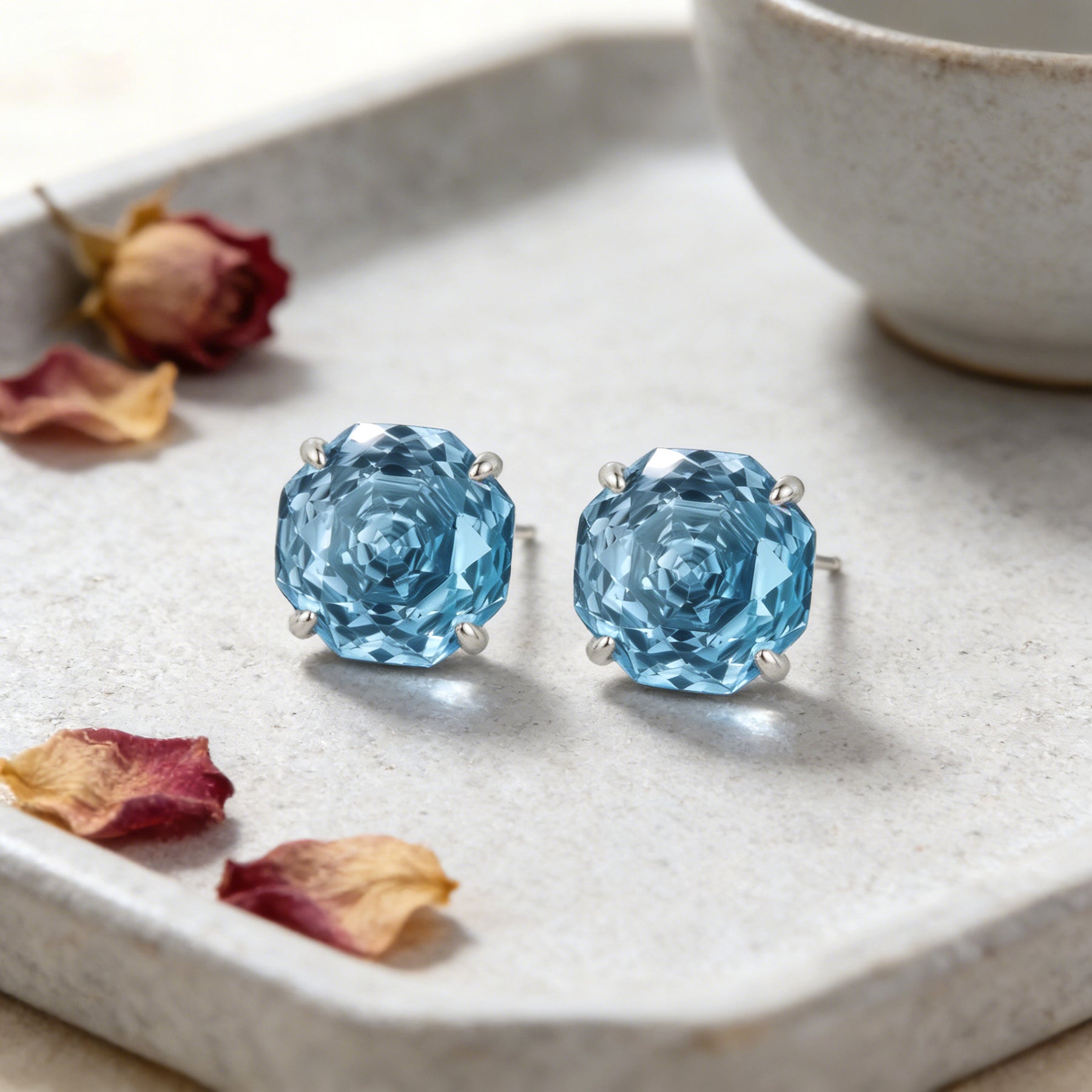 Light Blue Step-Cut Gemstone Studs – sterling silver earrings