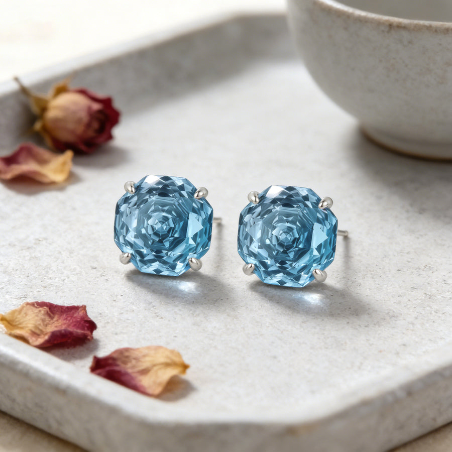 Light Blue Step-Cut Gemstone Studs – sterling silver earrings