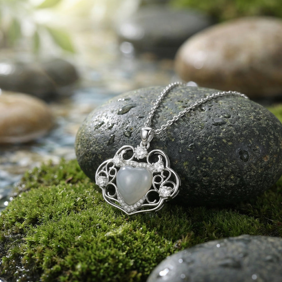 Ornate Heart Moonstone Necklace – sterling silver necklace, front view