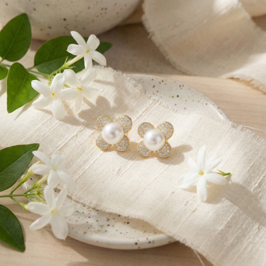 Pearl and CZ Floral Petal Studs – pearl earrings, side detail