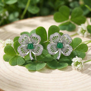 Four-Leaf Clover Green Gemstone Studs – sterling silver earrings, close-up