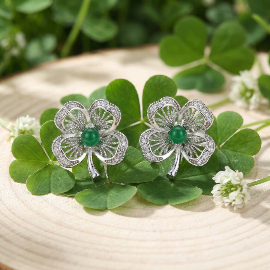 Four-Leaf Clover Green Gemstone Studs – sterling silver earrings, close-up