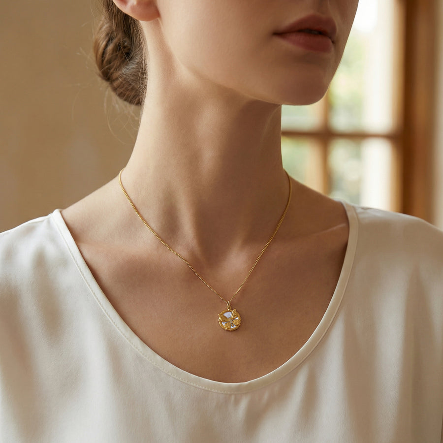 Circular Butterfly Pendant Necklace – sterling silver necklace, front view