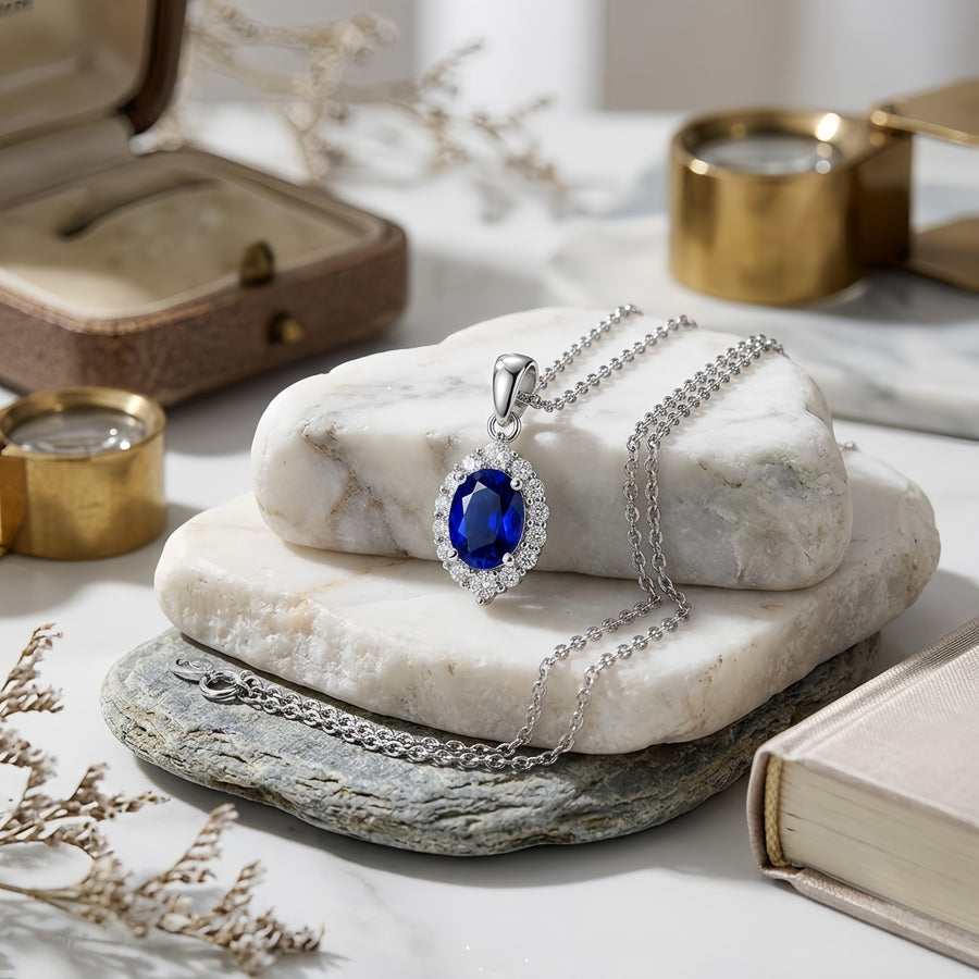 Oval Blue Sapphire Halo Necklace – sapphire necklace, side detail