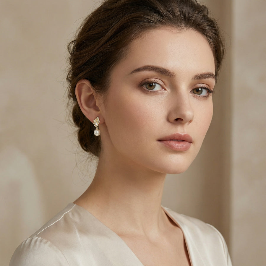 Leaf Motif Pearl Drop Earrings – pearl earrings, side detail