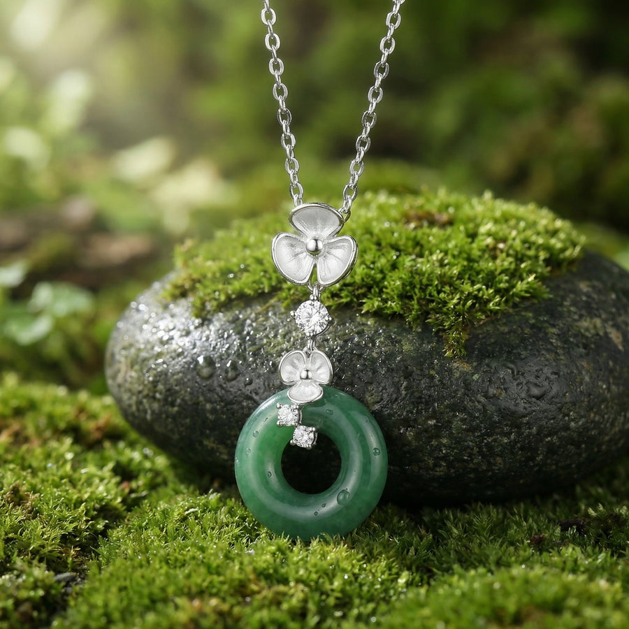Green Jade Donut Flower Necklace – jade necklace, front view