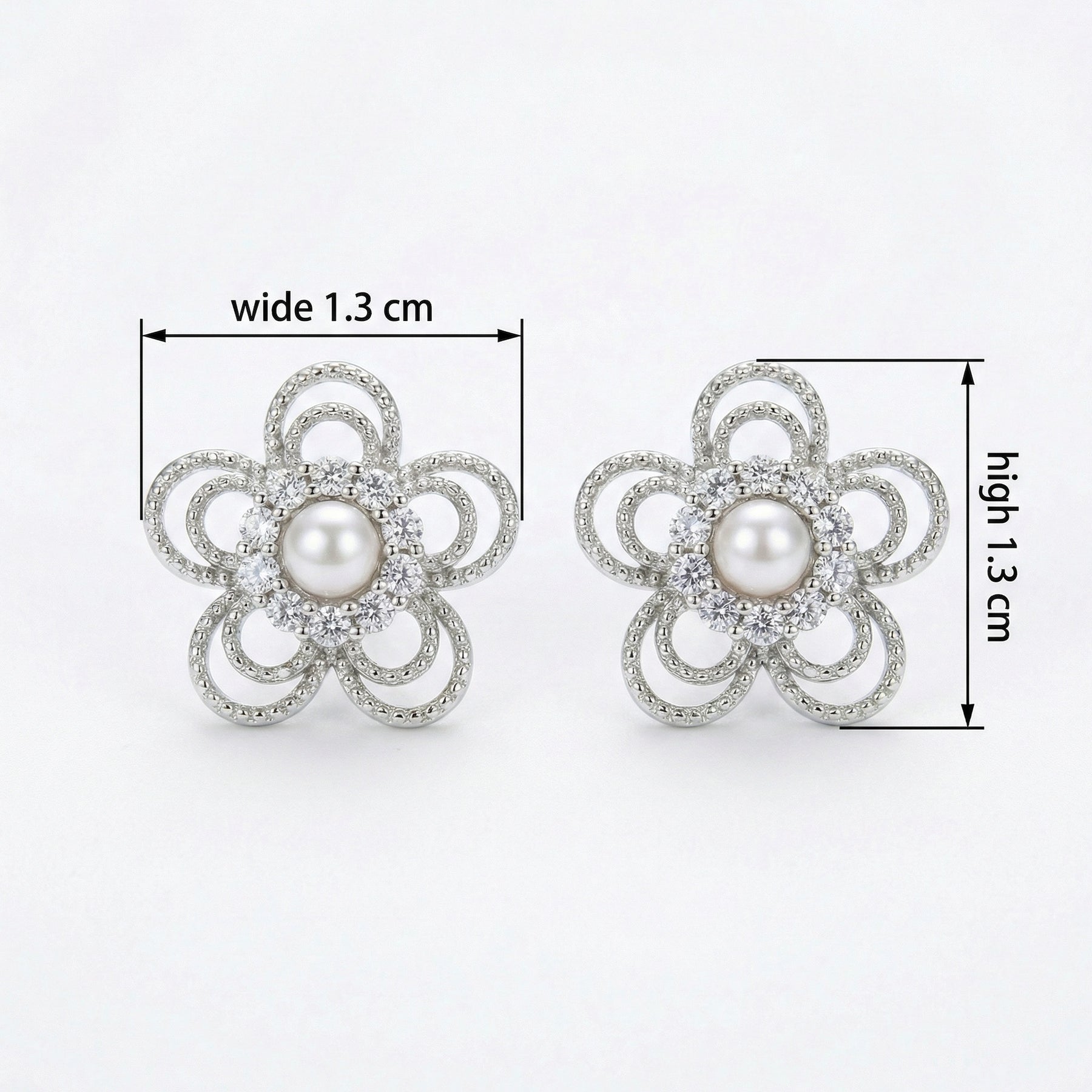 Open-Work Flower Pearl Stud Earrings – pearl earrings, front view