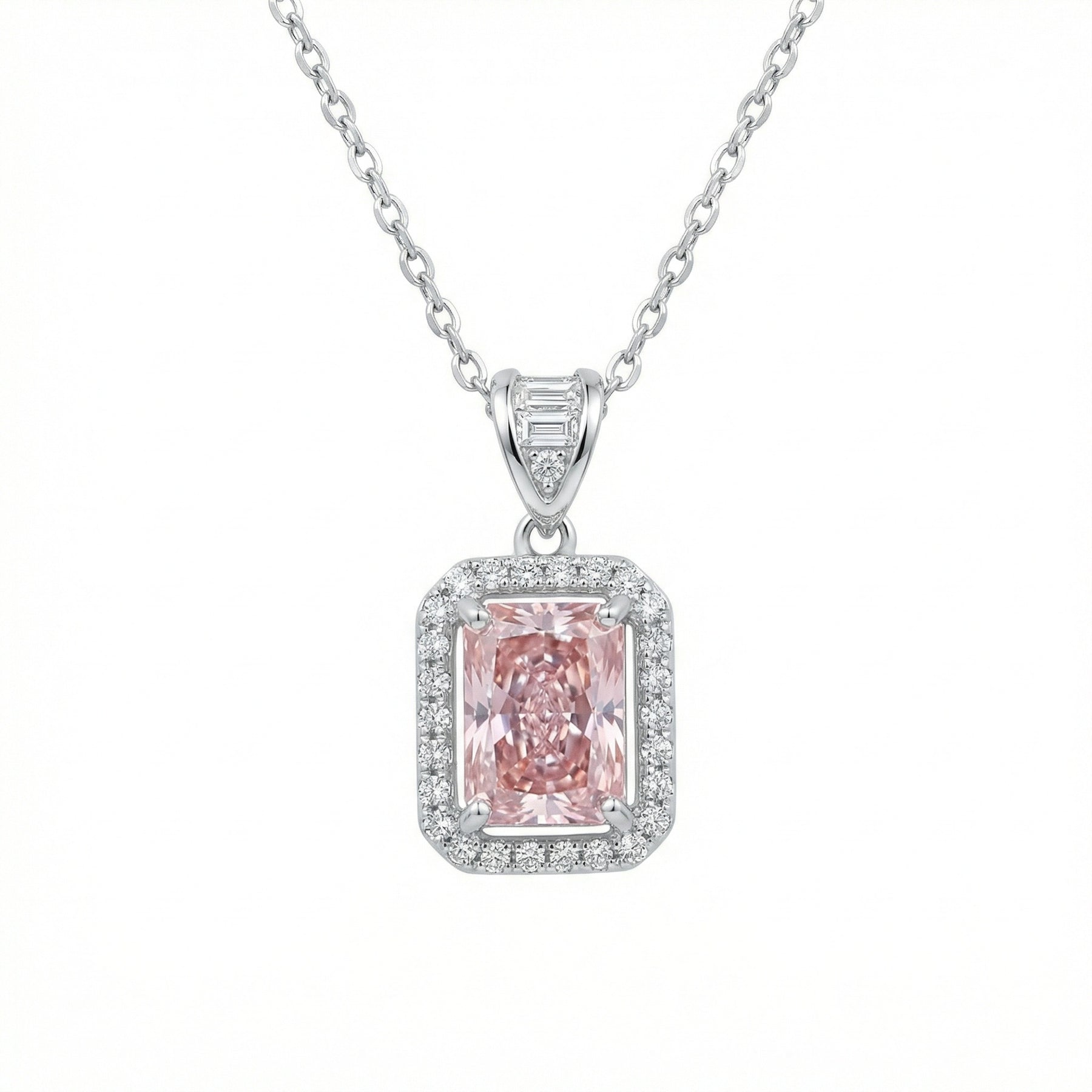 Radiant-Cut Pink Gemstone Necklace – sterling silver necklace, side detail