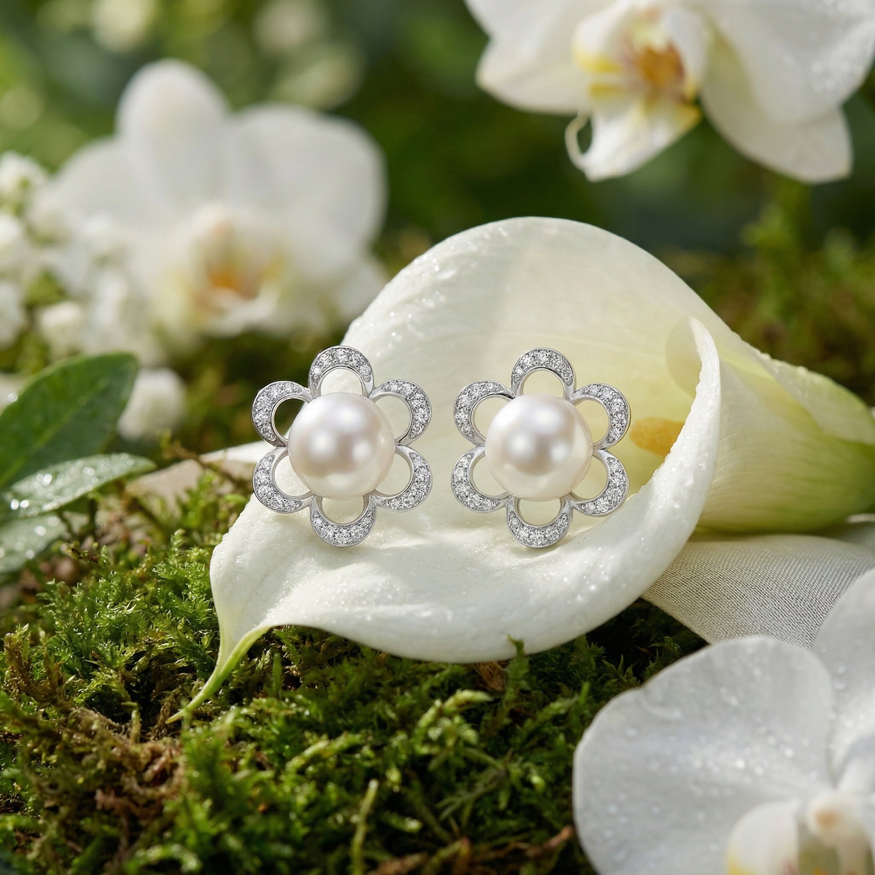 Silver Flower Pearl Stud Earrings – pearl earrings