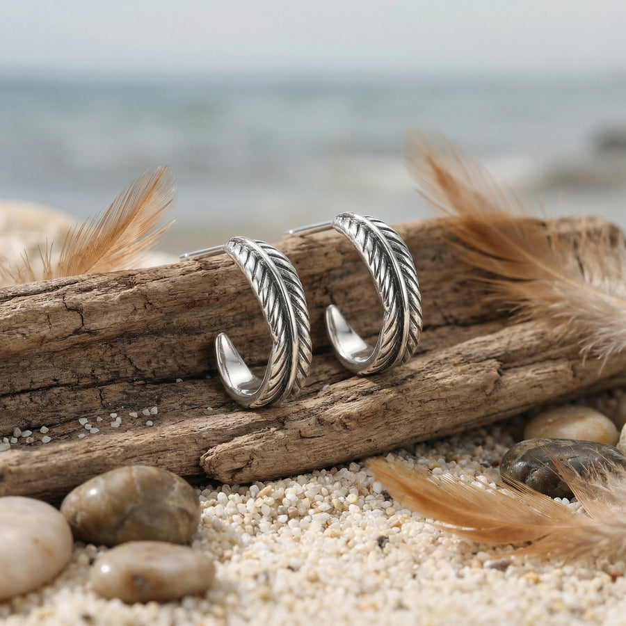 Oxidized Feather Half-Hoop Earrings – sterling silver earrings, close-up