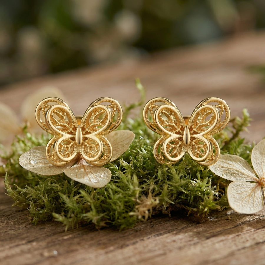 Intricate Filigree Butterfly Studs – sterling silver earrings, front view