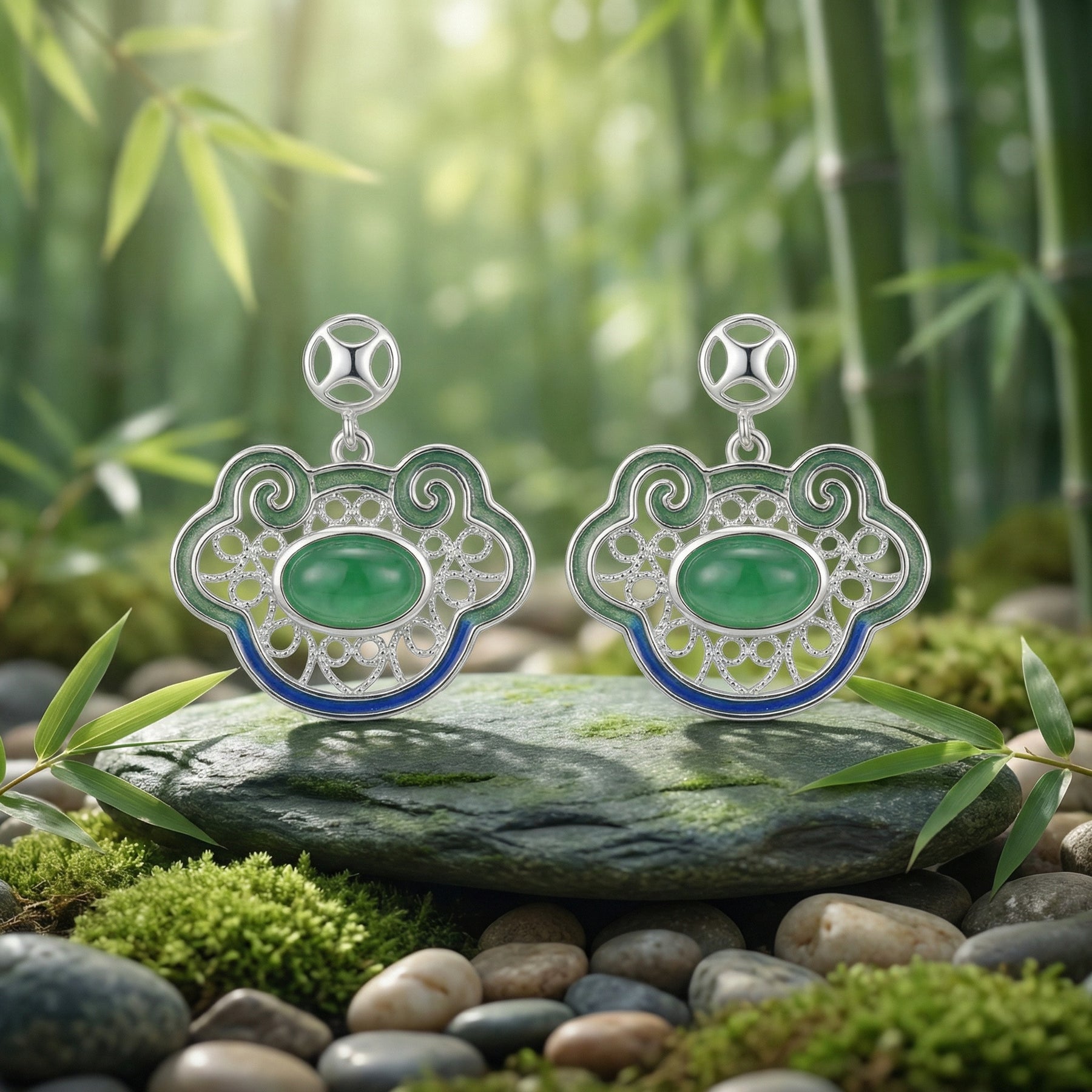 Ruyi Filigree Earrings with Enamel – sterling silver earrings, close-up