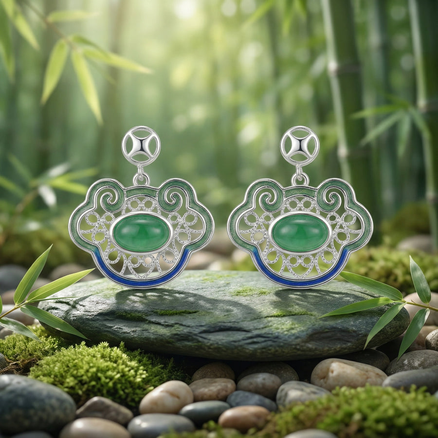 Ruyi Filigree Earrings with Enamel – sterling silver earrings, close-up