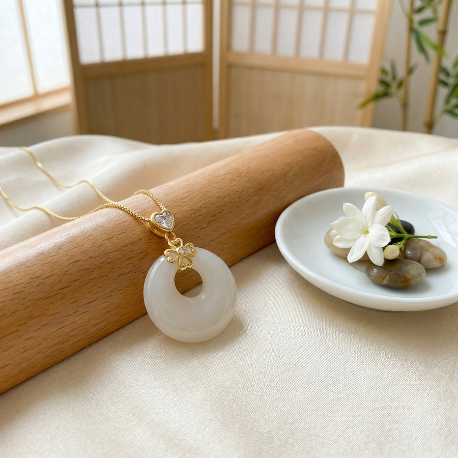 Heart and Flower Jade Donut Necklace – jade necklace, close-up