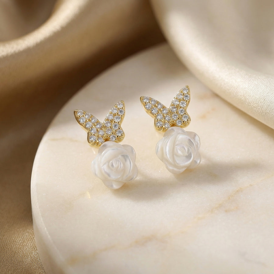 Butterfly and Pearl Rose Earrings – pearl earrings, front view