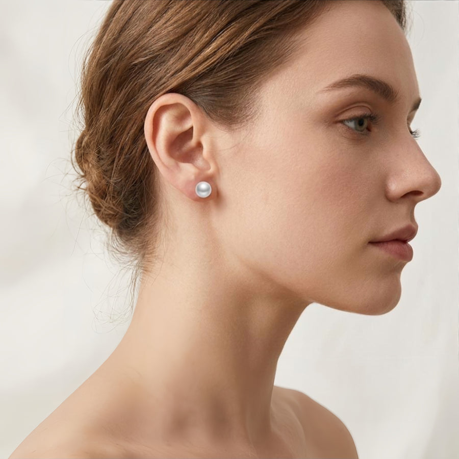Round White Pearl Studs, Warm Setting – pearl earrings, side detail