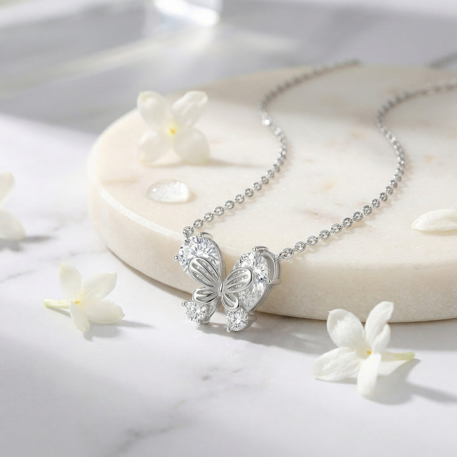 Butterfly Pendant Necklace, Pear-Cut Stones – sterling silver necklace, side detail