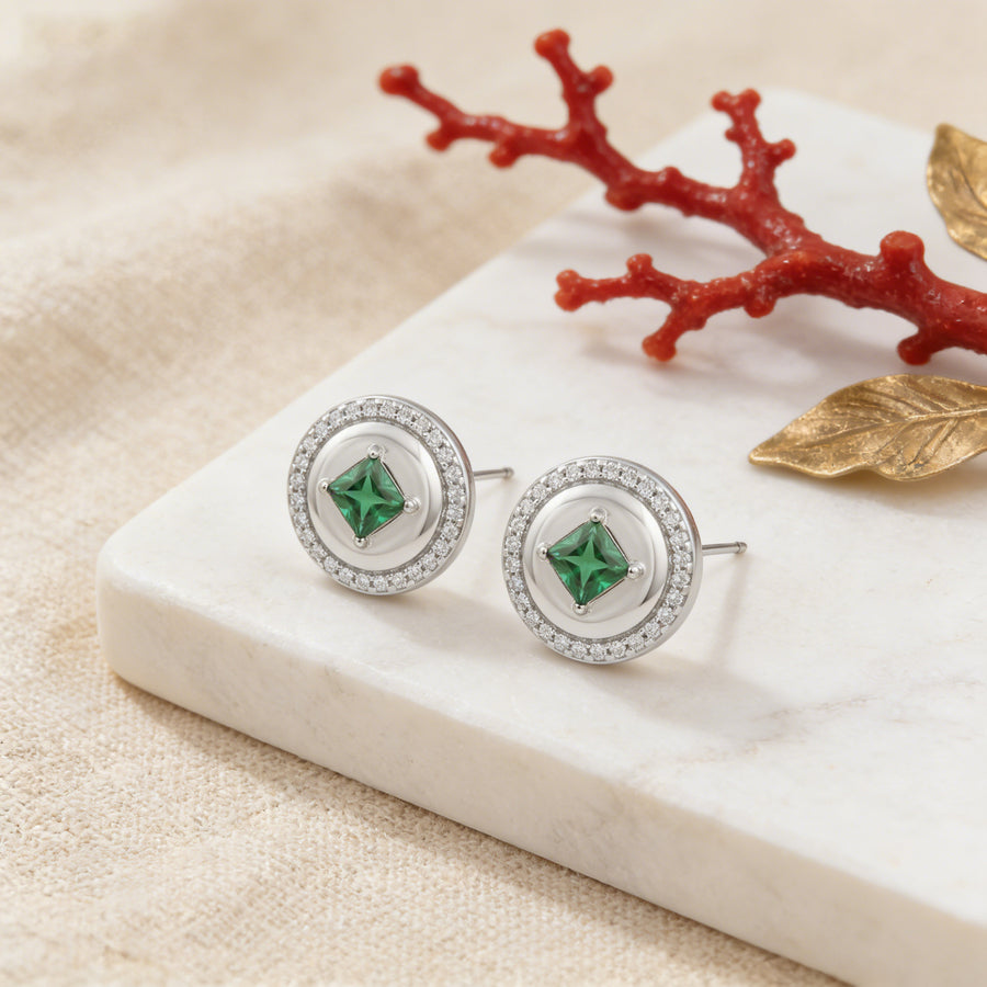 Round Green Gemstone Halo Studs – sterling silver earrings, close-up