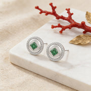 Round Green Gemstone Halo Studs – sterling silver earrings, close-up