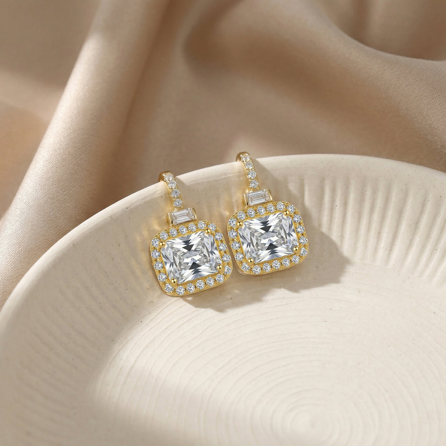 Radiant-Cut Halo Drop Earrings – sterling silver earrings, close-up