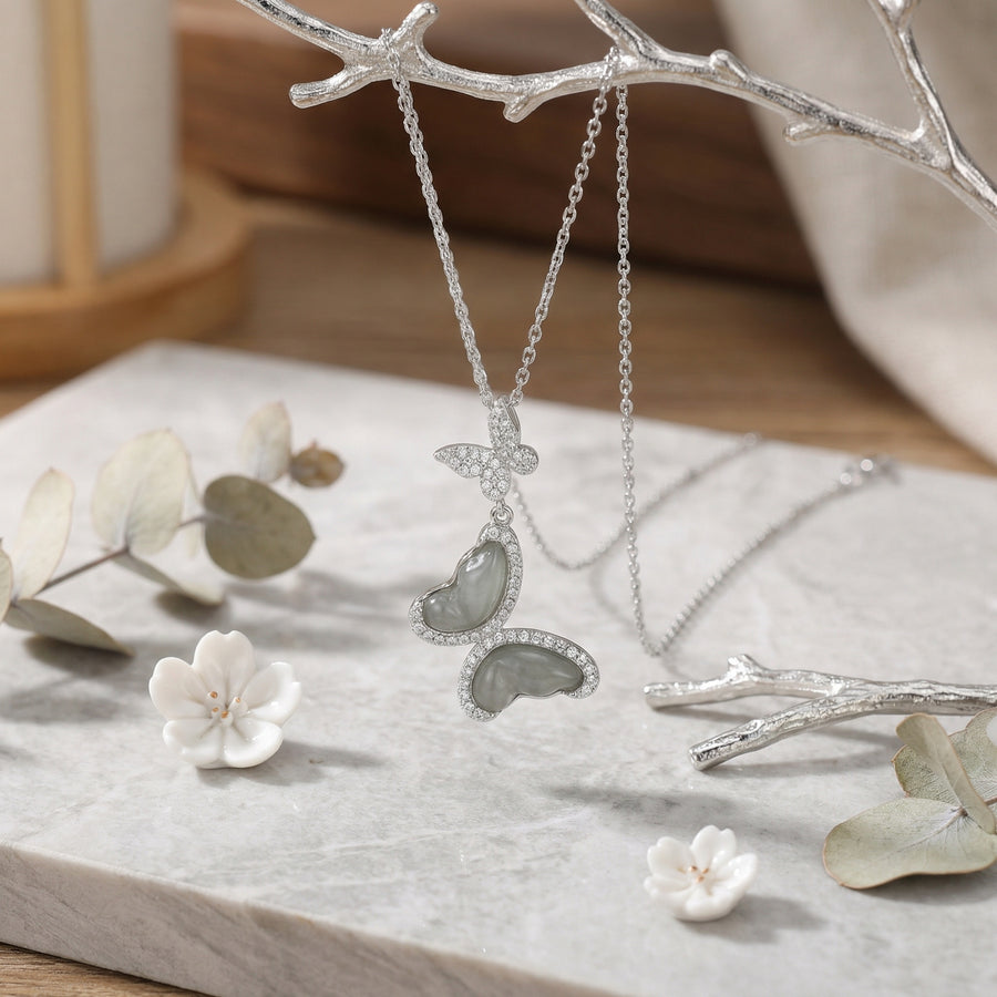 Butterfly Jade Sparkling stone Necklace – jade necklace, front view