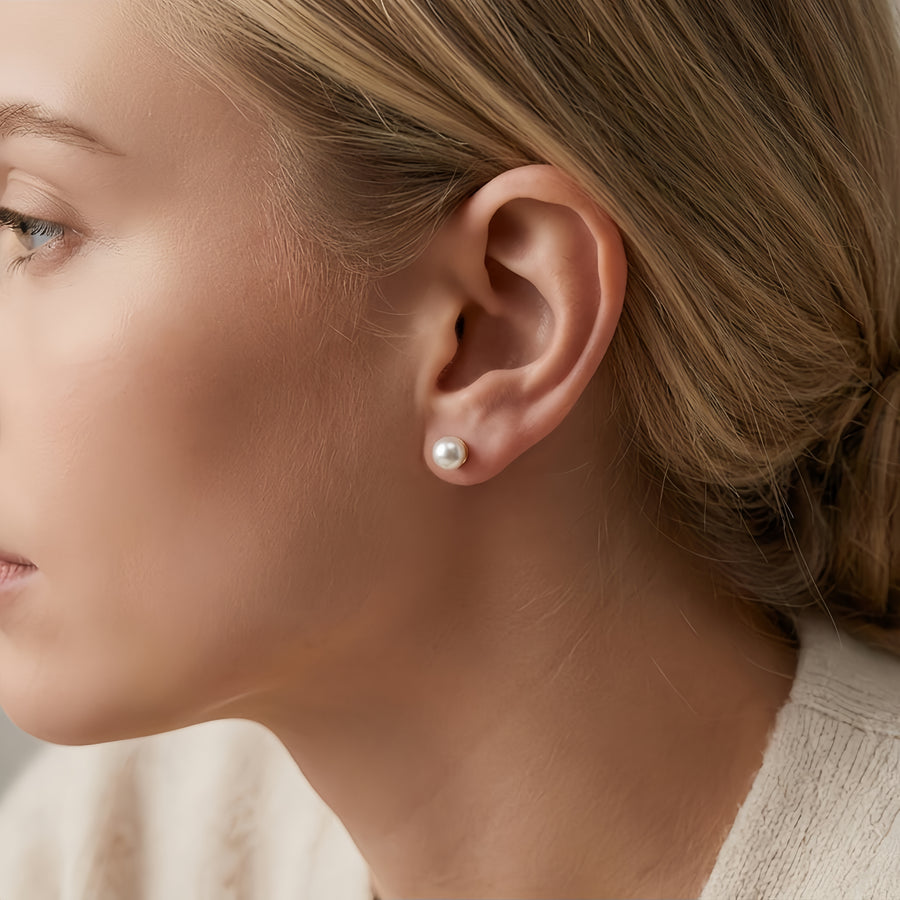 Round White Pearl Studs, Classic Backs – pearl earrings, front view