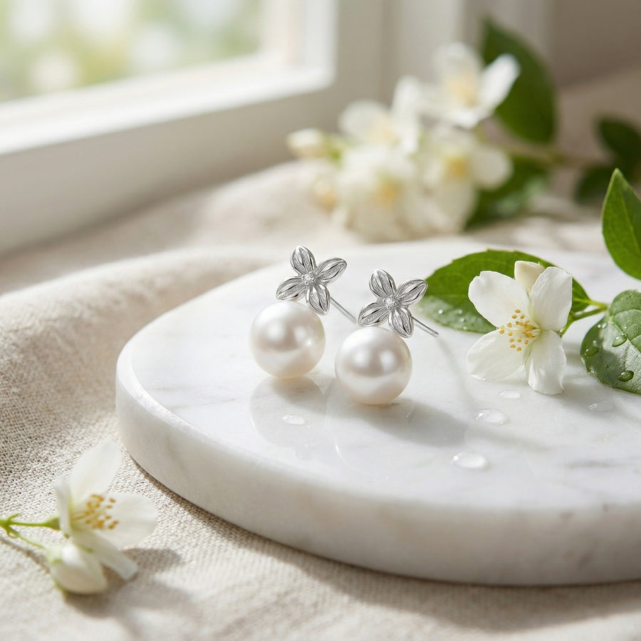 Pearl Floral Stud Drop Earrings – pearl earrings, close-up