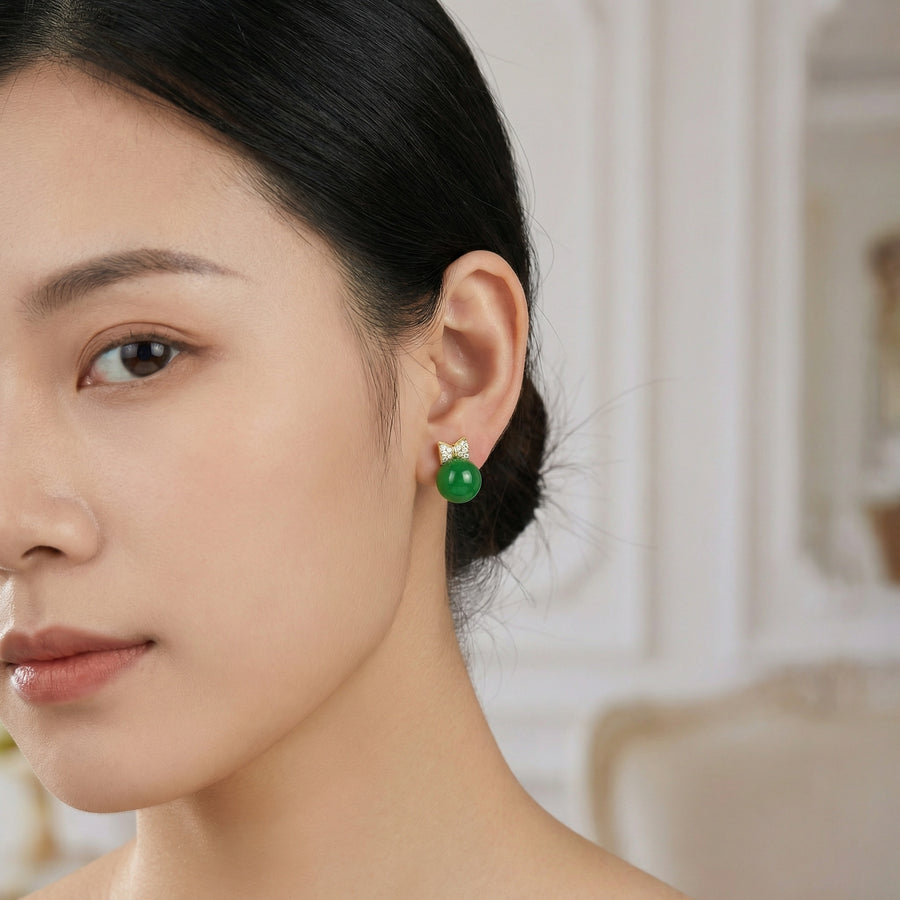 Jadeite Sphere Bow Stud Earrings – jade earrings, close-up