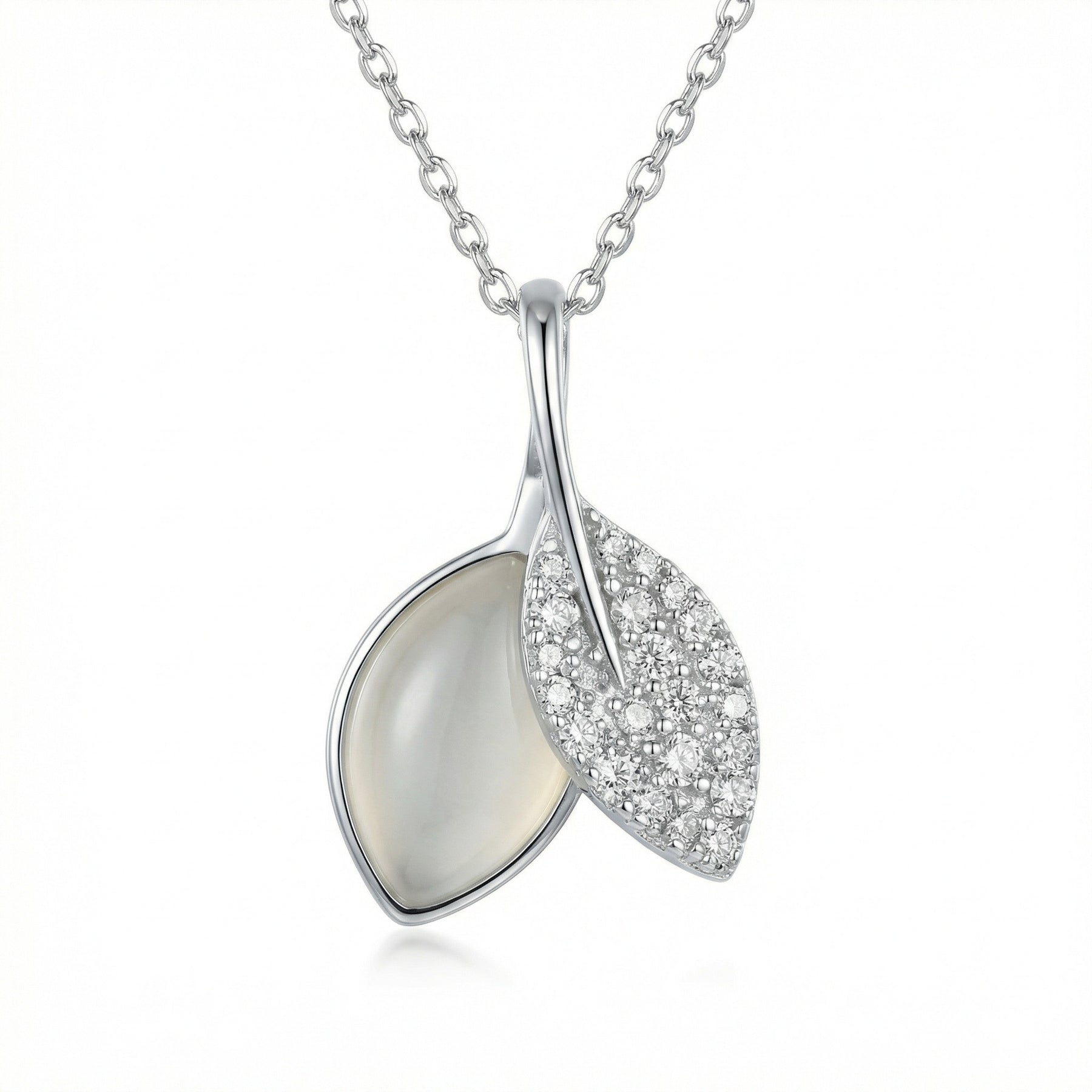Leaf Pearl Moonstone Necklace – pearl necklace, side detail