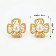 Floral Pearl Studs, Ribbed Petals – pearl earrings, close-up