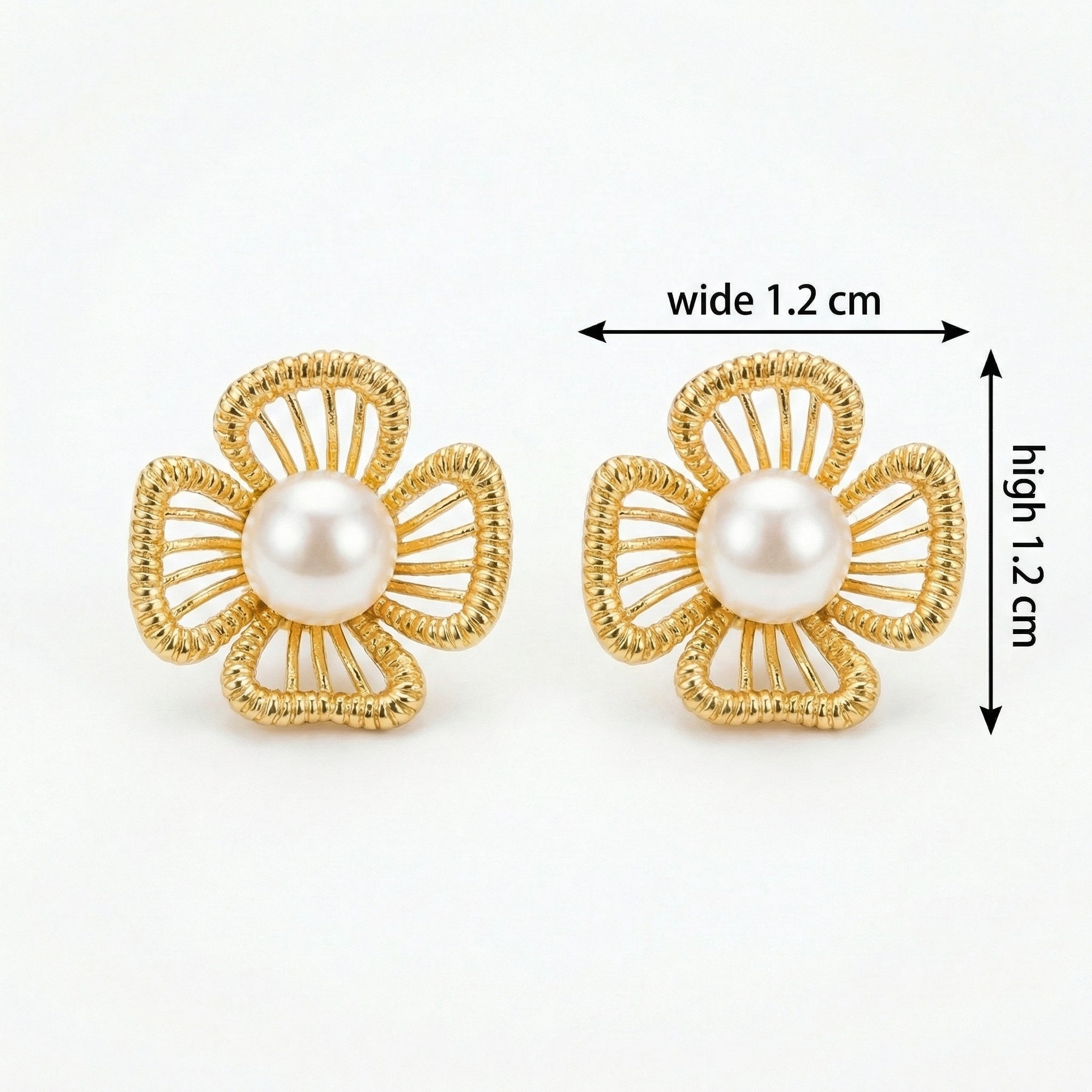 Floral Pearl Studs, Ribbed Petals – pearl earrings, close-up