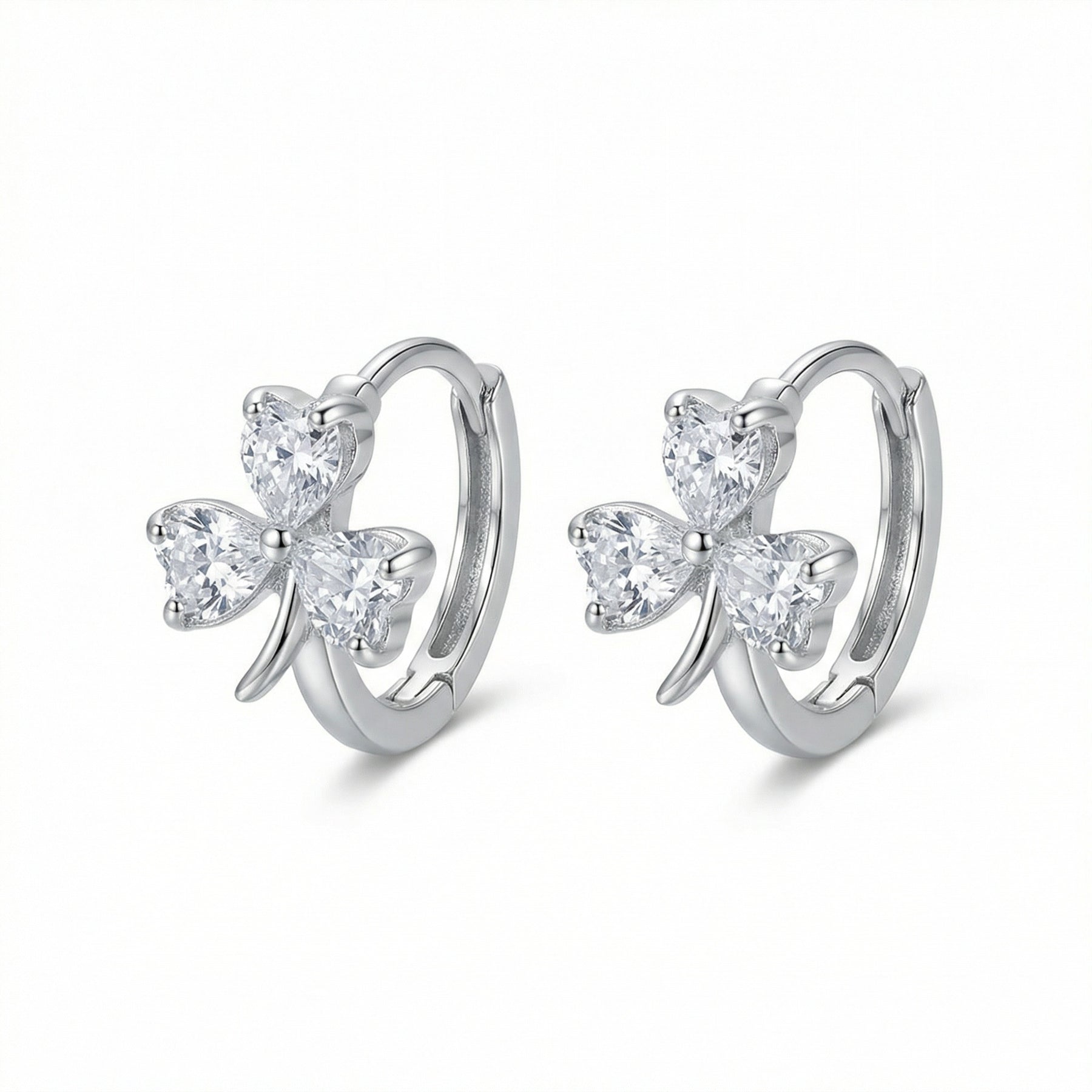 Heart Clover Silver Hoop Earrings – sterling silver earrings, front view
