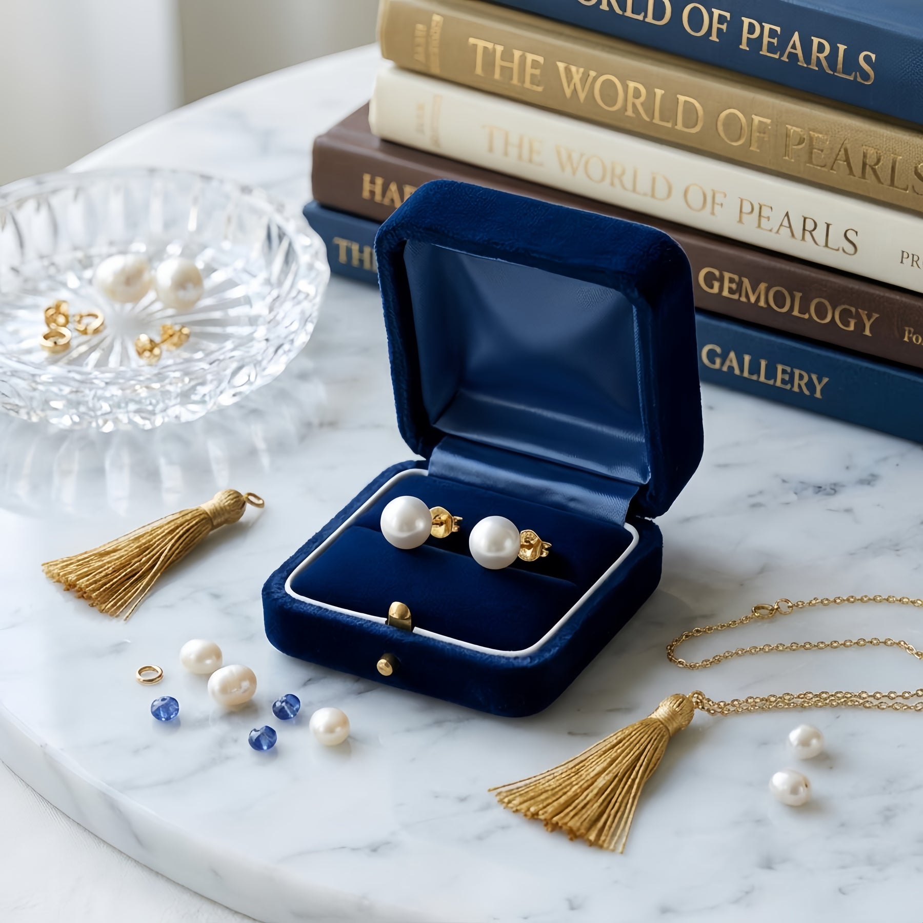 White Pearl Studs, S925 Components – pearl earrings, front view