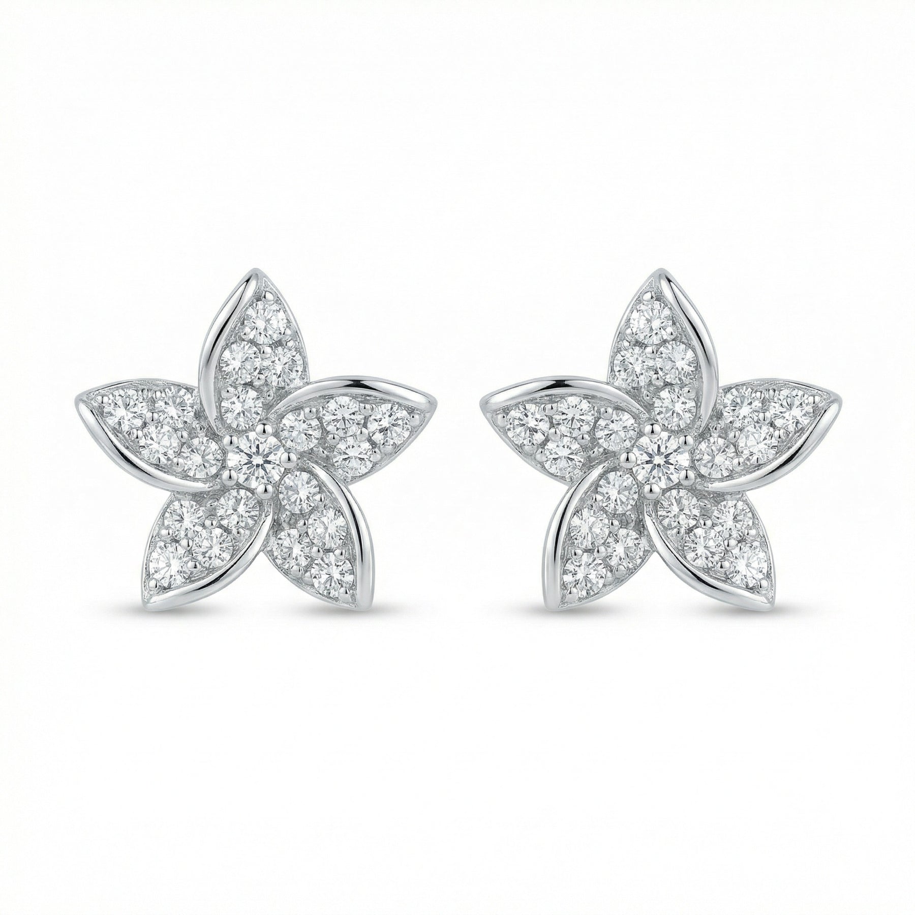 Five-Petal Silver Flower Stud Earrings – sterling silver earrings, close-up