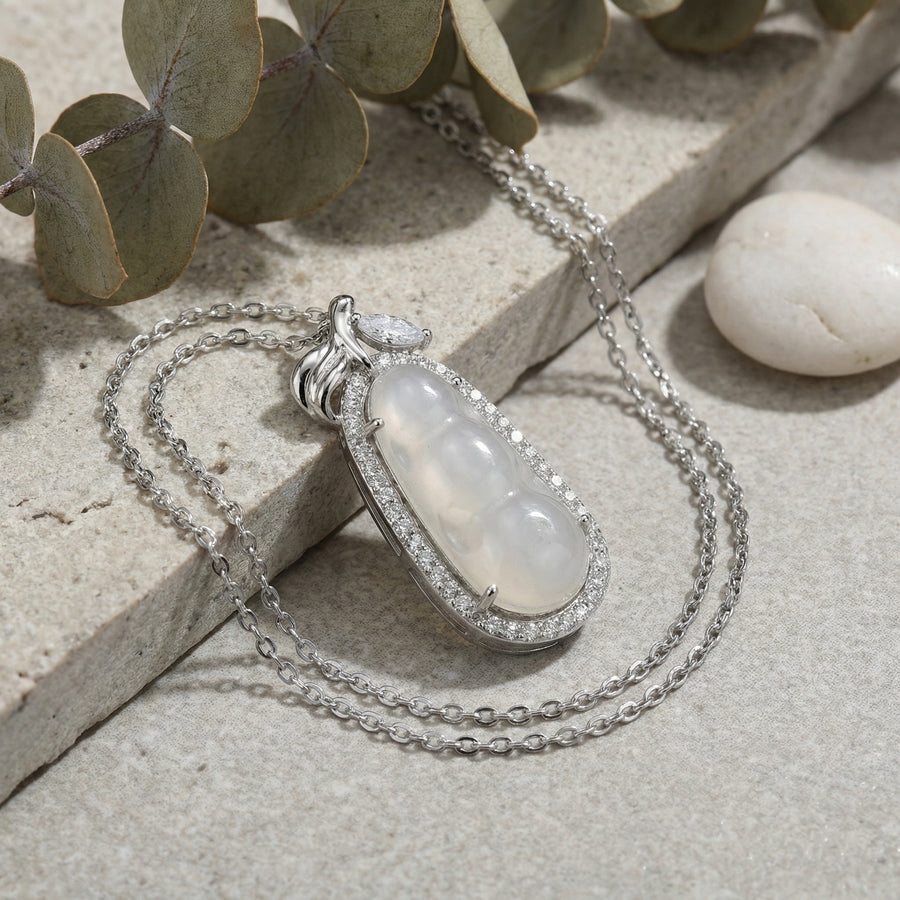 White Jadeite Pea Pod Pendant Necklace – jade necklace, close-up
